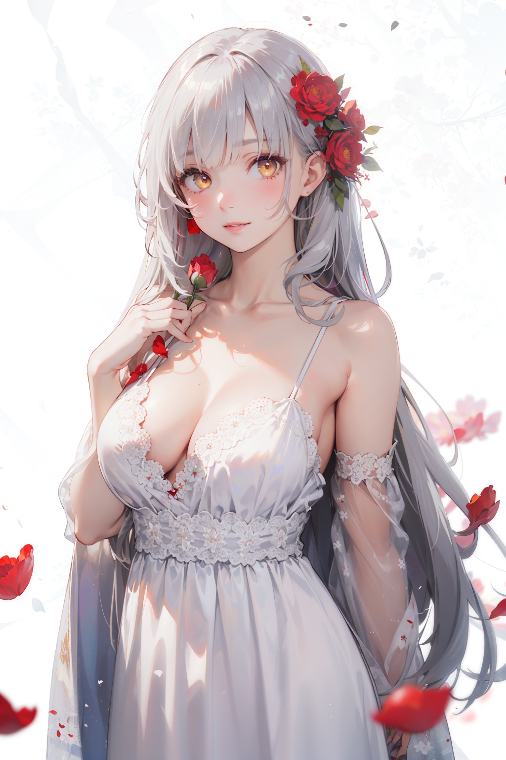 masterpiece,best quality,(realistic:1.2),1girl,solo,looking at viewer,silver hair,yellow eyes,beautiful and detailed face,evil smile,upper body,collarbone,collarbone,large breasts,white long translucent night gown,expressionless,hair cover one eye,long hair,red hair flower,standing,blood,(plenty of red petals:1.35),white background),simple background,
