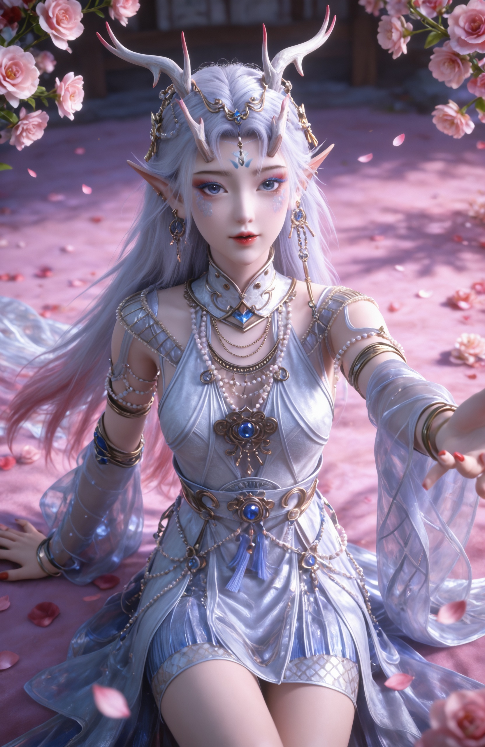 <lora:神墓3-封念雪长角-Pony:0.7> 1girl, long hair, pointy ears, antlers, white hair,  hair ornament, necklace, facial mark, white dress, armlet, detached sleeves, blue eyes, bracelet,1girl,solo,lying,flower,,looking at viewer,rose,red nails,parted lips,red rose,nail polish,see-through,outstretched arm,outstretched hand,breasts,reaching towards viewer,, masterpiece,best quality,amazing quality,very aesthetic,high resolution,ultra-detailed,absurdres,scenery,photorealistic,looking at viewer,moody lighting,peach blossom,falling petals,realistic,photorealistic details,