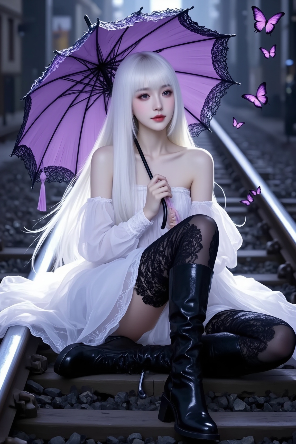 <lora:YY-拽姐F.1:1>,This is a highly detailed digital illustration featuring a young woman sitting on a railway track. She has long,straight,platinum blonde hair and pale skin. She is wearing a voluminous,off-the-shoulder white dress with intricate lace detailing,which falls to her feet. Her attire also includes black,thigh-high lace stockings and shiny,black,high-heeled boots with intricate lace patterns. She holds a large,purple parasol with intricate lace trim,which is held up by a slender black handle. The parasol is adorned with a small,purple tassel.,The woman's expression is calm and slightly melancholic,with a delicate,pink blush on her cheeks. She is sitting on a railway track,with the rails and ties visible behind her,and a blurred background suggesting a train station or a cityscape. Three small,purple butterflies are flying in the air,adding a whimsical touch to the scene. The illustration is rendered in a realistic,semi-realistic style,with a focus on detailed textures and shading,giving it a photorealistic quality. The overall mood is a blend of elegance and melancholy,with a hint of mystery.,