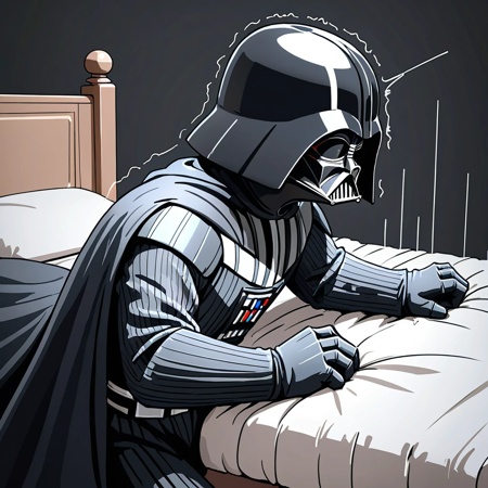 Darth Vader, bed, (trembling, motion lines, sound effects:1.5), no humans, simple background, masterpiece, best quality