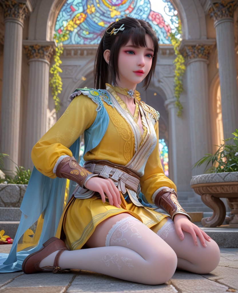 (oriental architecture, elegant decor, sophisticated style:1.1),(Kneeling with one knee on the ground, head tilted,:1.1),(breasts:1.2),<lora:XL少年歌行司空千落:0.95>,miss sikongqianluo,azure tunic outerwea with yellower top underneath,gradient colored overskirt with yellow pleated skirt underneath,white print thighhighs,black hair,hair ornament,heterochromia,choker,bangs,cape,belt,lips,leather wristband,, score_9,score_8_up,score_7_up,score_6_up,score_5_up,score_4_up,3d rendering,tag1,tag2, Cinematic Lighting,backlighting,