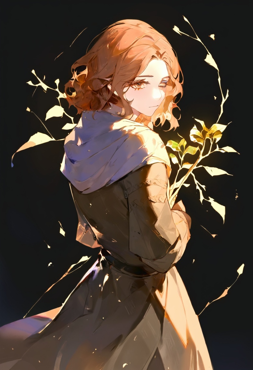 <lora:mln_v1.2-000016:1>, 1girl,brown elbow gloves, one eye closed, black facial tattoo, short brown hair, golden cloak clasp, yellow eyes, grey dress with corset,looking at viewer, holding, looking back, branch around, from behind, holding branch, flower, leaf, holding flower, digital art, golden leaves, geometric shapes, dark background,side profile, glowing, serene expression, headscarf, subtle lighting, elegant, cowboy shot,ciloranko, maccha \(mochancc\), lobelia \(saclia\), migolu, ask \(askzy\), wanke, (jiu ye sang:1.1), (rumoon:0.9), (mizumi zumi:1.1),masterpiece, best quality, newest, absurdres, nsfw, explicit