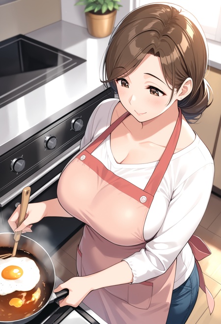 masterpiece,best quality, mature female, apron, kitchen, cooking, smile, fried egg, looking down, from above,