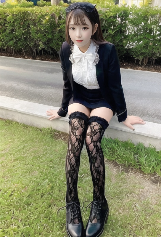 1girl, lace lolita,thighhighs,black,sitting,mini skirts,outdoors, full body,  <lora:lacelolita:0.7> <lora:taiwanDollLikeness_v15:0.7>