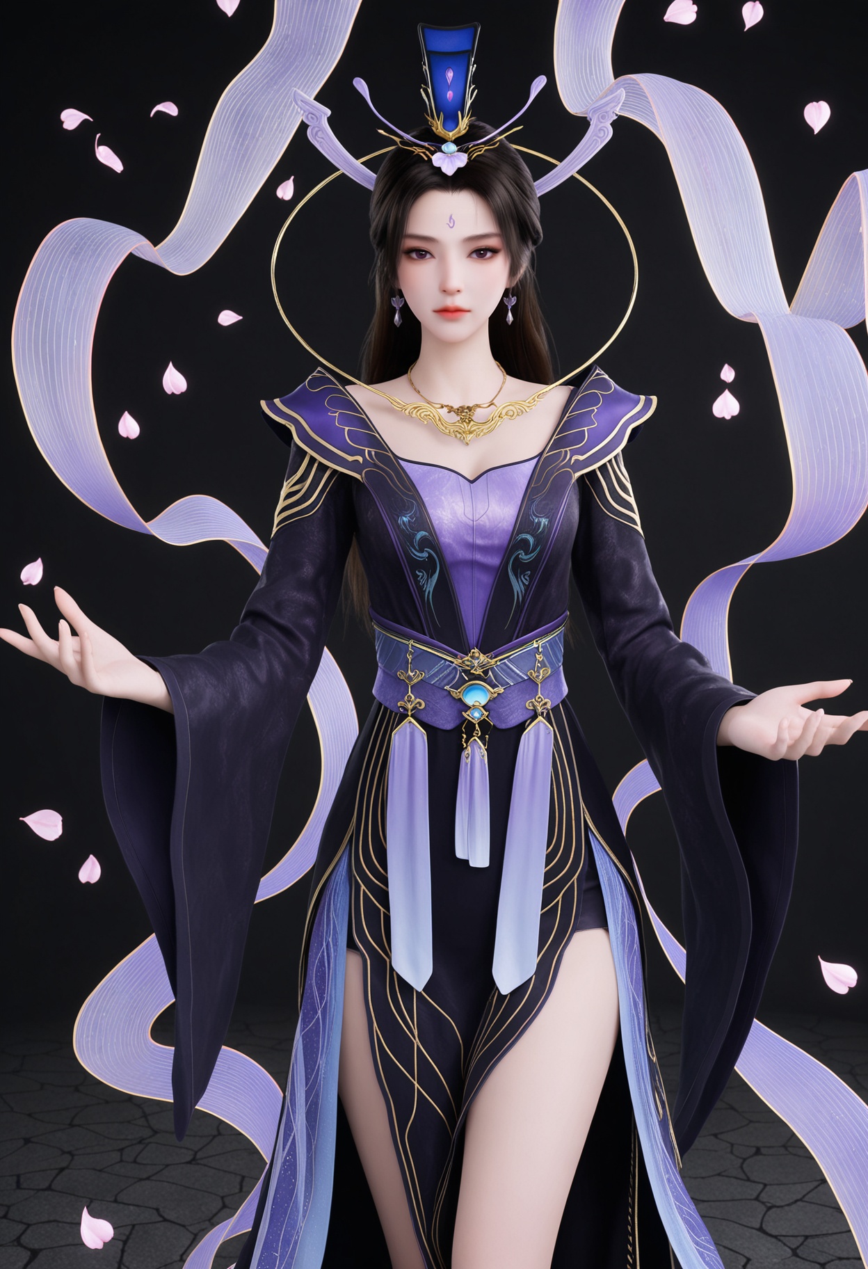 (cowboy shot:1.2),(looking at viewer:1.1),masterpiece,(best quality),smog,Dark room,dim lighting,peach blossom,falling petals,<lora:YQ_Illustrious光辉v5_紫霞_V1:0.8>,q1528437228,1girl,solo,black hair,long hair,jewelry,hair ornament,dress,earrings,necklace,Celestial streamers,Flowing streamer,Silk streamer,Trailing ribbon,ribbons,long sleeves,forehead mark,sash,chinese clothes,wide sleeves,purple dress,brown hair,shawl,hat,black footwear,black dress,purple eyes,floating,obi,hagoromo,bare legs,brown eyes,hair bun,side slit,