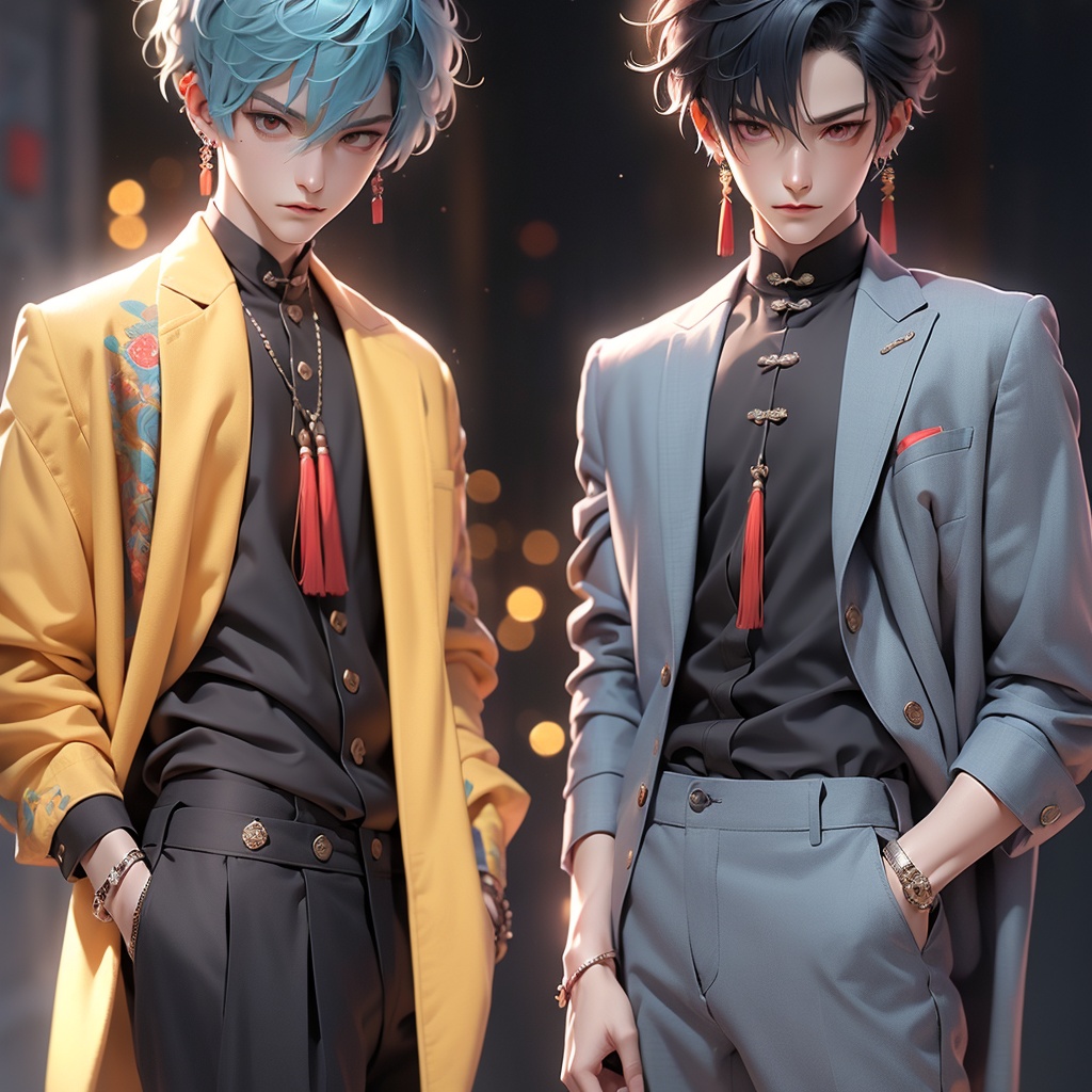 Best quality,masterpiece,8k,CG,Solo,jewelry,earrings,looking at the audience,short hair,long sleeves,denim lens,black background,shirt,pants,black pants,male focal point,bangs,tassel earrings,1boy,closed mouth,Chinese clothing,simple background,tassels,blue hair,printed shirt,jacket,