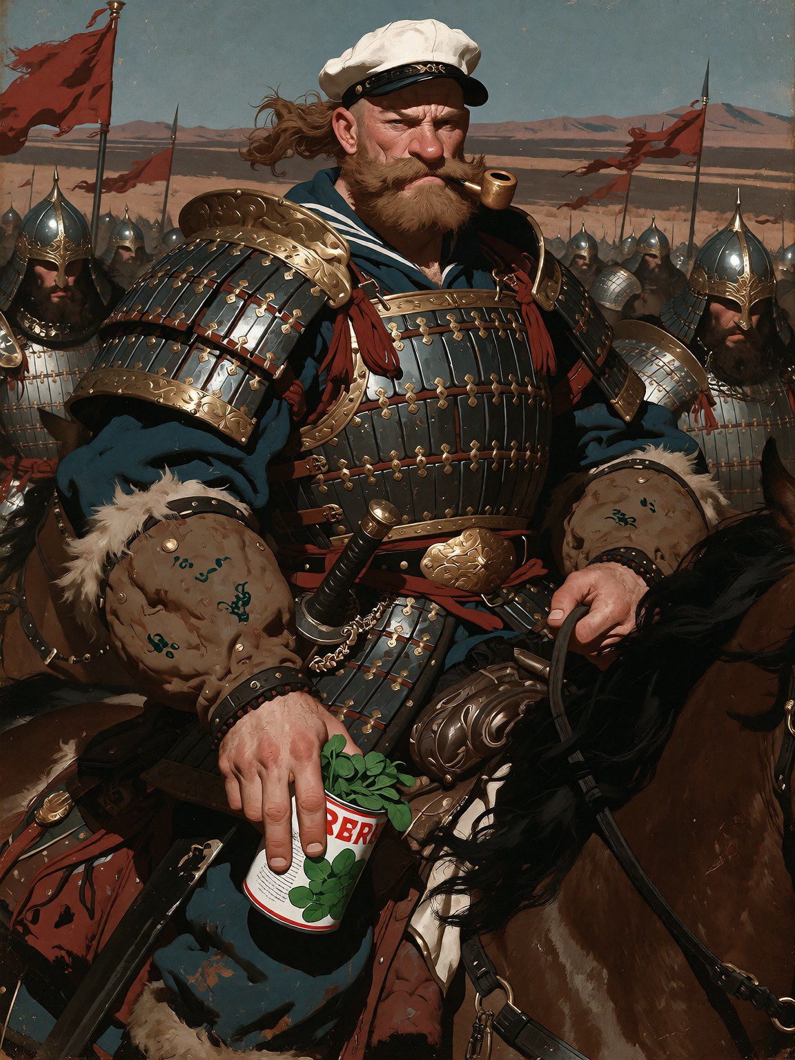 Popeye as Genghis Khan,  mounted on a massive warhorse amidst his Mongol horde. He wears ornate,  battle-worn Mongol armor...