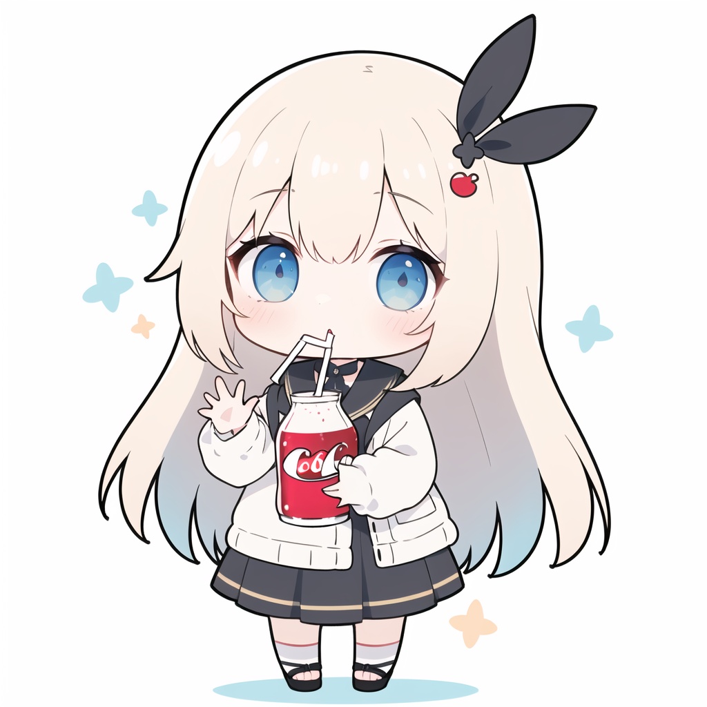 1girl, chibi,cola,hugging cola,hand,drinking,waving <lora:Qtea:1>