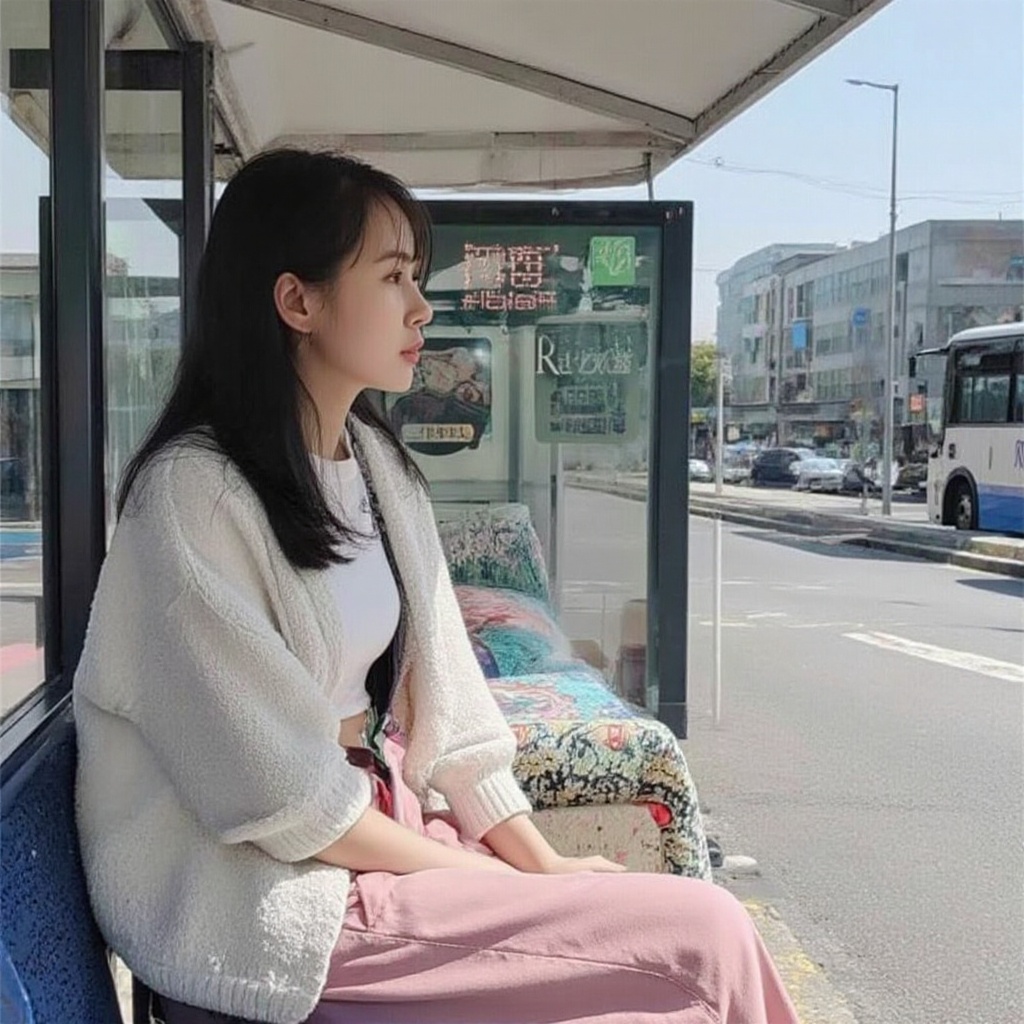 An Asian beauty wearing trendy clothes is waiting for a bus at the bus stop.,