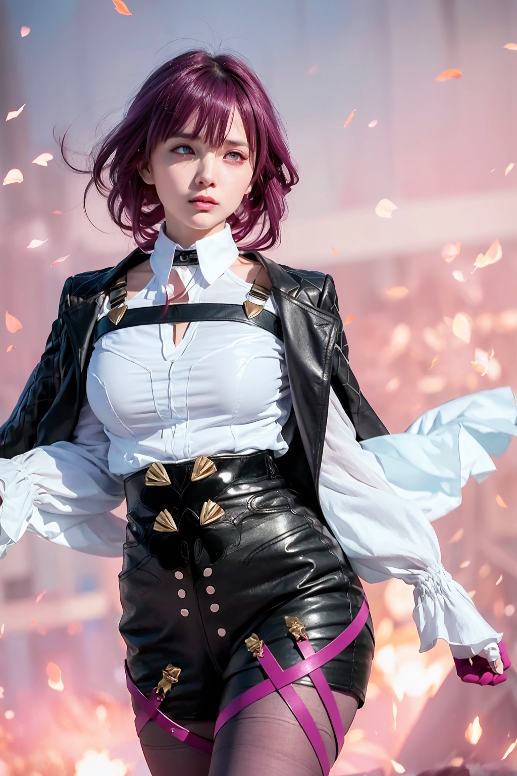 masterpiece, best quality, realistic, (photoshop \(medium\):1.4),<lora:kafka:1>,kafka (honkai: star rail), 1girl, solo, long hair, breasts, purple hair, shirt, gloves, looking at viewer, eyewear on head, long sleeves, white shirt, large breasts, bangs, sunglasses, jacket, scathach (fate), shorts, closed mouth, pantyhose, purple gloves, thigh strap, purple eyes, open clothes, hair between eyes, black shorts, black jacket, cowboy shot