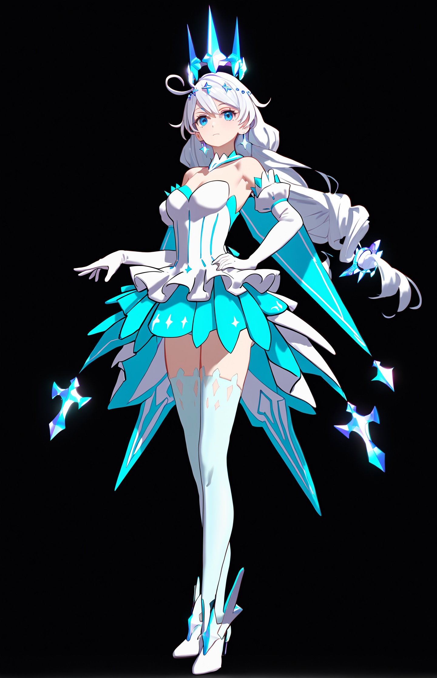 score_9, score_8_up, score_7_up, score_6_up, 8k, best quality, masterpiece, (ultra-detailed:1.1), (high detailed skin), (full body), (black background:1.1), standing, looking at viewer, (solo), hand on hip, <lora:kiana-young-pony-Tanger-000010:0.8>, kiana kaslana, dongzhi, 5th clothes, 1girl, blue eyes, gloves, white thighhighs, dress, long hair, elbow gloves, white hair, crystal crown, bare shoulders, bangs(beautiful_face), ((intricate_detail)), clear face, ((finely_detailed)), fine_fabric_emphasis, ((glossy)), full_shot, 
