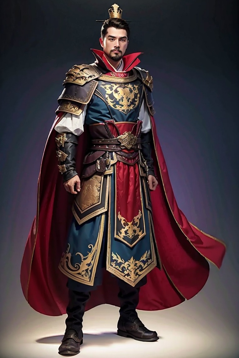 JYGL 1boy armor black cape blue cape boots cape crown facial hair full body gradient background knight male focus purple cape realistic red cape red cloak sheathed solo standing sword weapon,<lora:金庸古龙20240110-1704831963137-0010:0.8>,