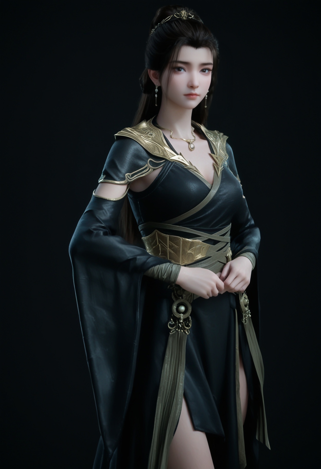 (cowboy shot:1.2),score_9,score_8_up,masterpiece,(best quality),intricate details,facing viewer,(looking at viewer:1.1),<lora:YQ_pony_yanruyan_V4:0.8>,q1528437228,1girl,solo,black hair,long hair,jewelry,earrings,necklace,black dress,dress,black eyes,long sleeves,hair bun,ponytail,wide sleeves,sash,single hair bun,hair ornament,detached sleeves,brown hair,pale skin,boots,black footwear,BREAKscore_9,score_8_up,masterpiece,(best quality),perfect anatomy,(hourglass),perfect face,(simple background,pure black background,black background:1.1),fair_skin,shiny_skin,Ivory_skin,