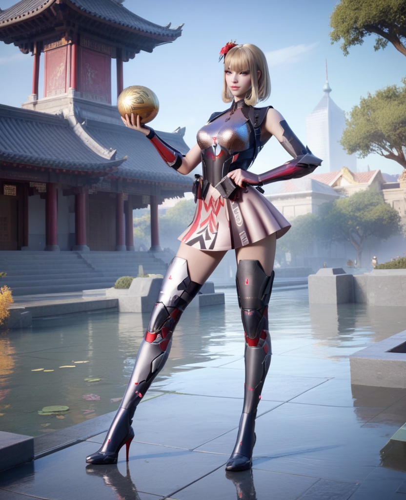 (oriental architecture, elegant decor, sophisticated style:1.1),(in a red shorts jumps in the air,holding a ball in her hand and shooting it towards the hoop:1.1),(breasts:1.2),<lora:XL穿越火线岚希儿灵魂舞者:0.95>,miss lanxier,chrome-fit battle top,neon pink skirt,blue eyes,blunt bangs,blonde hair,hair flower,black pauldrons,arm guards,armored high-heeled greaves,holstered,, score_9,score_8_up,score_7_up,score_6_up,score_5_up,score_4_up,3d rendering,tag1,tag2, Cinematic Lighting,backlighting,, zPDXL3, zPDXL2,zPDXL, zPDXLxxx, zPDXLrl,