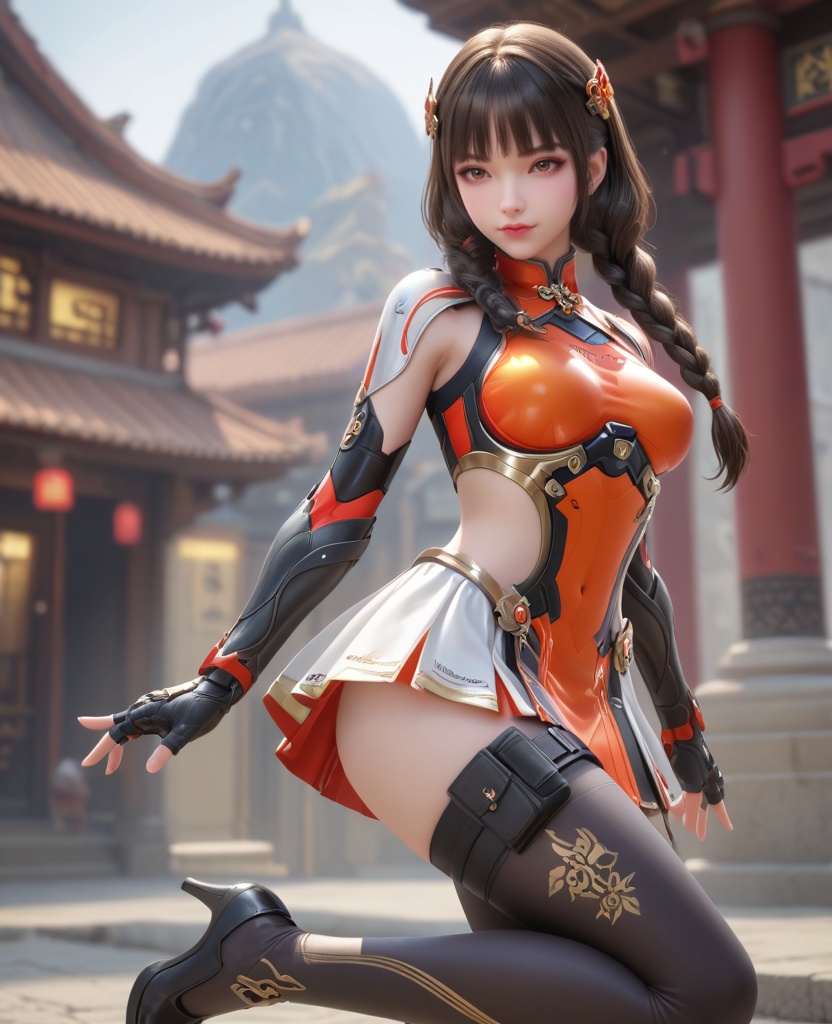(oriental architecture, elegant decor, sophisticated style:1.1),(arm at her side:1.1),(breasts:1.2),<lora:XL16穿越火线乔月:0.95>,miss qiaoyue,kevlar-orange boobplate,brown eyes,blunt bangs,black hair,front braided twin pigtails,hair ornament,pauldrons,arm guards,kevlar-orange abdomen armor panel,asymmetrical thighhighs with volt-orange and black,thigh holster,thigh strap,high heels,white overskirt,, score_9,score_8_up,score_7_up,score_6_up,score_5_up,score_4_up,3d rendering,tag1,tag2, Cinematic Lighting,backlighting,, zPDXL3, zPDXL2,zPDXL, zPDXLxxx, zPDXLrl,