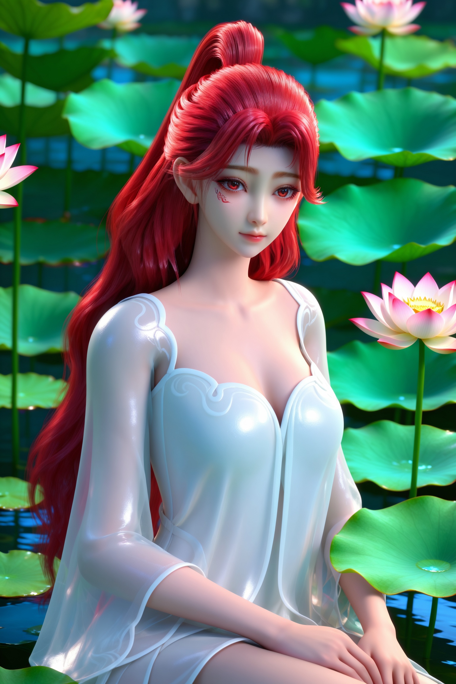 <lora:百炼成神3-火允儿-浴袍Pony:0.8>,1girl,red hair,long hair,ponytail,red eyes,facial mark,white dress,see-through,cleavage,long sleeves,bare legs,1girl, lily pad, solo, red hair, dress, red eyes, looking at viewer, flower, long hair, breasts, white dress, lotus, upper body, blurry, water, blurry background, lips, outdoors, long sleeves, medium breasts, ponytail