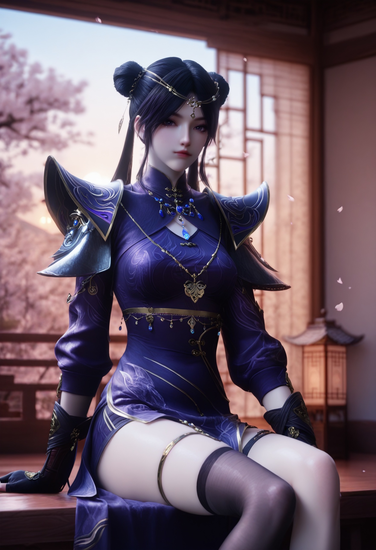 Li_shaoying,1girl,double bun,black hair,hair bun,lantern,long hair,twintails,necklace,hair ornament,gem,circlet,jewelry,<lora:Li_shaoying_10_illu-000006:0.75>,fingerless gloves,thighhighs,chinese clothes,single thighhigh,black gloves,purple dress,long sleeves,armor,puffy sleeves,shoulder armor,pauldrons,photorealistic,hyperrealistic,(pale skin:0.9),pale face,<lora:realistic filter [IL]:1>,sitting,(very thin thighs,slim thighs:1.2)lantern,open window,looking at viewer,indoors,mountains,blossoms,flowers,east asian architecture,beautiful sunrise,warm ambient temperature,