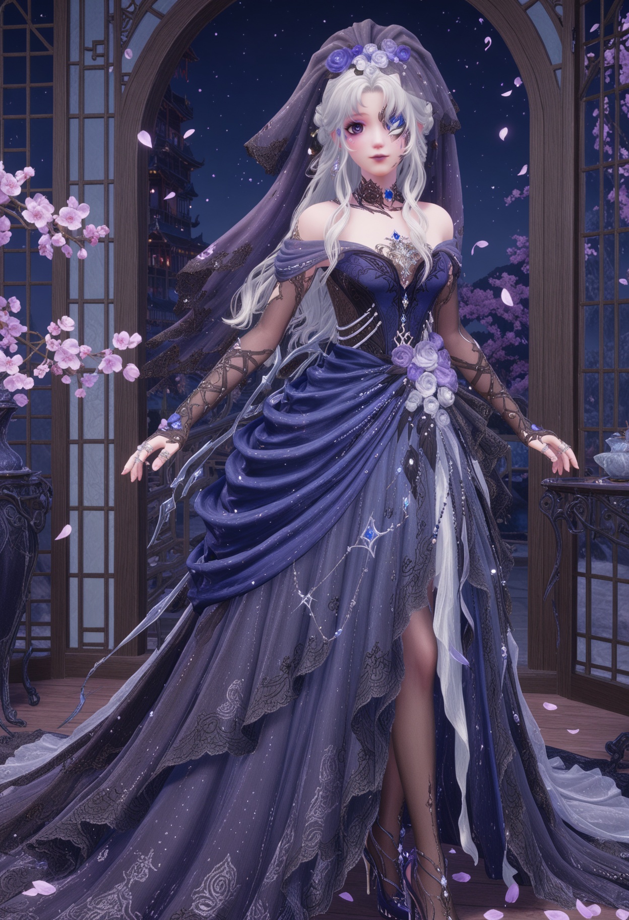 (full_body:1.1),(looking at viewer:1.1),masterpiece,(best quality),smog,Dark room,dim lighting,peach blossom,falling petals,<lora:YQ_Illustrious光辉v5_暖暖36_V1:0.8>,q1528437228,1girl,solo,jewelry,long hair,white hair,purple eyes,dress,hair flower,hair ornament,makeup,earrings,gloves,ring,eyepatch,petals,purple lips,bridal gauntlets,pointy ears,blue eyes,grey hair,high heels,one eye covered,choker,pantyhose,long dress,bridal veil,fingerless gloves,necklace,fine fabric emphasis,bow,braid,eyeshadow,