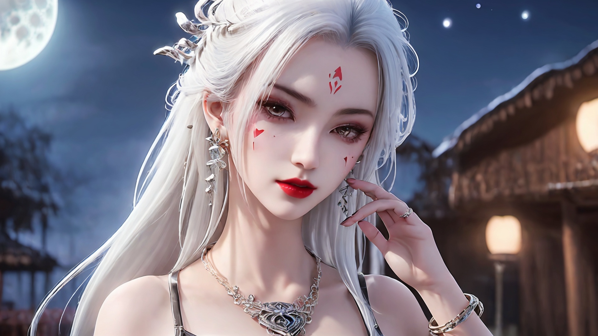 1girl, moon, jewelry, necklace, solo, bracelet, white hair, earrings, facial mark, long hair, night, hair ornament, looking at viewer, bare shoulders, full moon, forehead mark, upper body, red lips, dress<lora:girl miaojiangxiaobai_20240912173536:0.8>,