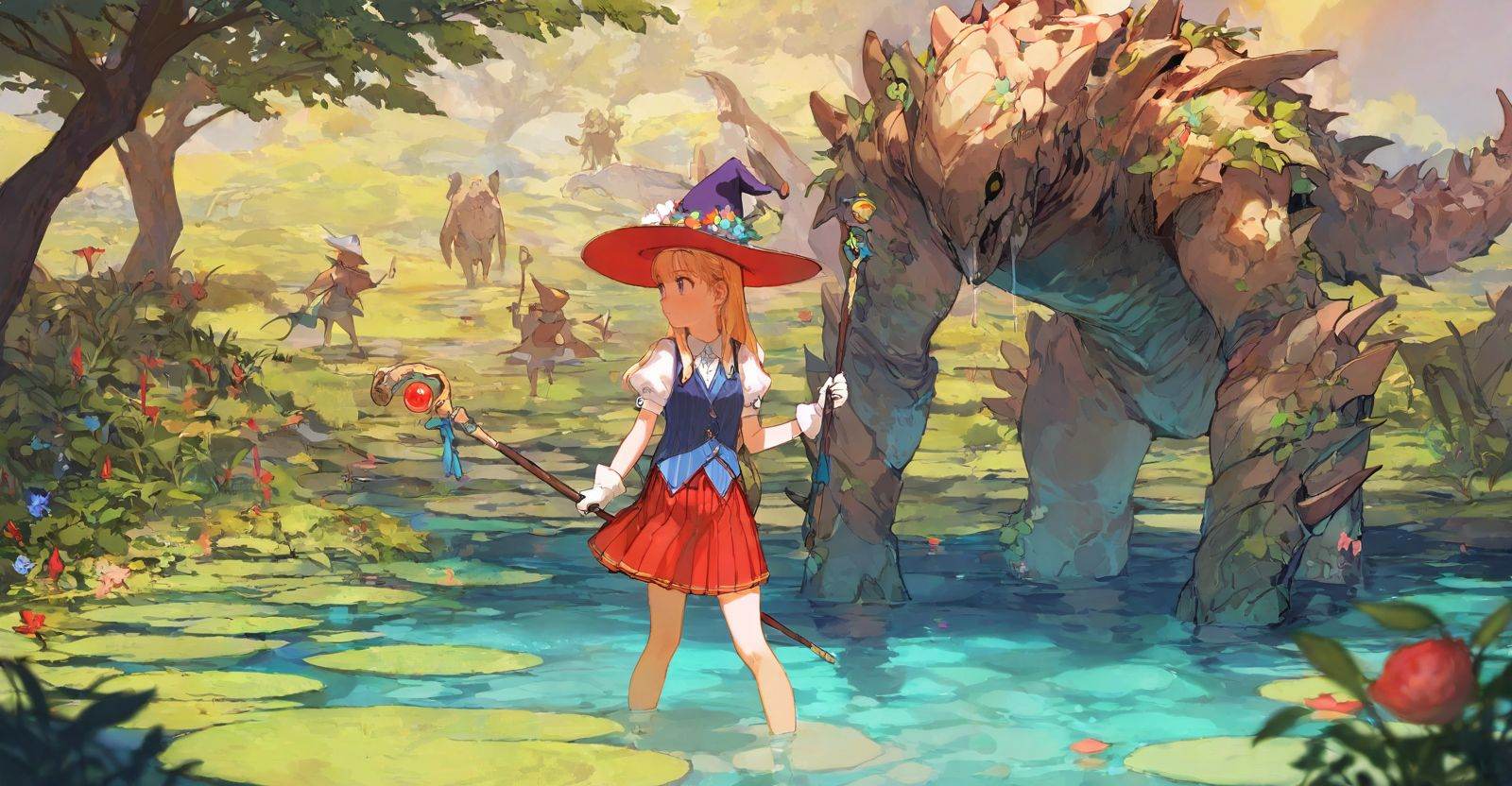 highres,extremely detailed 8k wallpaper,illustration,depth of field,great quality,masterpiece,best quality,amazing quality,very aesthetic,absurdres,Japanese fantasy style,artist:ciloranko BREAK<lora:Japanese fantasy style:0.8>, -Japanese fantasy style, hat, witch hat, 1girl, staff, skirt, gloves, white gloves, holding, short sleeves, blonde hair, puffy sleeves, vest, puffy short sleeves, holding staff, pleated skirt, flower, outdoors, plant, shirt, red skirt, witch, fantasy, standing, water, monster, tree, striped