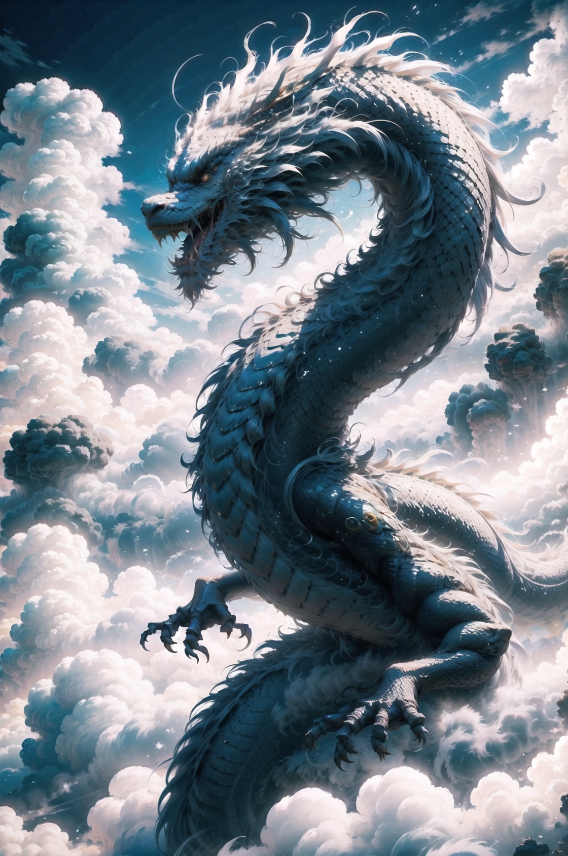 no humans,chinese dragon, cloud,  sky, ((masterpiece, best quality)), magnificent, uhd image, best quality, 8k resolution, dynamic pose, uniform body,