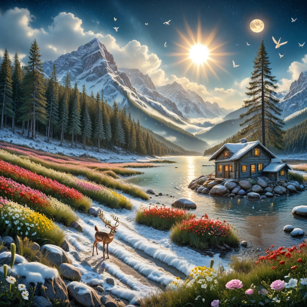 rich colors,  waterfall,  full moon on Tensor.Art