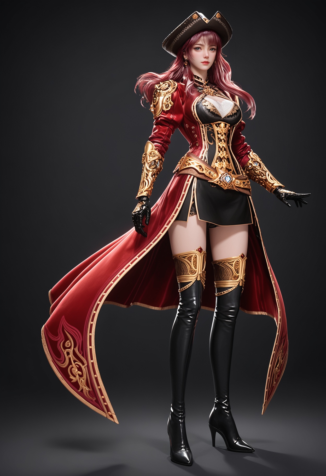 (standing full_body:1.1),score_9,score_8_up,masterpiece,(best quality),intricate details,facing viewer,(looking at viewer:1.1),<lora:YQ_pony_menghongchen_V4:0.8>,q1528437228,solo,1girl,hat,long hair,red hair,boots,thighhighs,blue eyes,gloves,thigh boots,skirt,armor,pink hair,jewelry,belt,brown hair,pirate hat,earrings,coat,high heels,red coat,black gloves,grey eyes,dress,miniskirt,black eyes,black footwear,high heel boots,black headwear,long sleeves,single glove,BREAKscore_9,score_8_up,masterpiece,(best quality),perfect anatomy,(hourglass),perfect face,(simple background,pure black background,black background:1.1),fair_skin,shiny_skin,Ivory_skin,