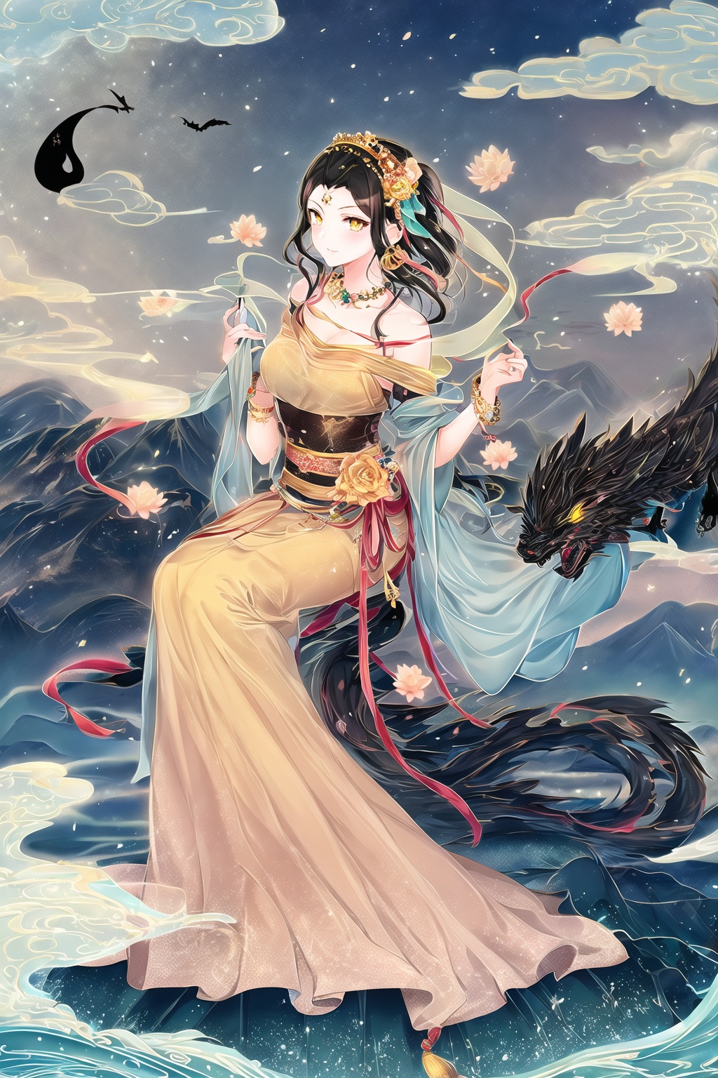 <lora:gilding_v1-000006:0.8>,1girl,black dragon,black hair,bracelet,cloud,full body,gilding\\(style\\),long skirt,lotus,mountain,shawl,solo,waves,yellow eyes,