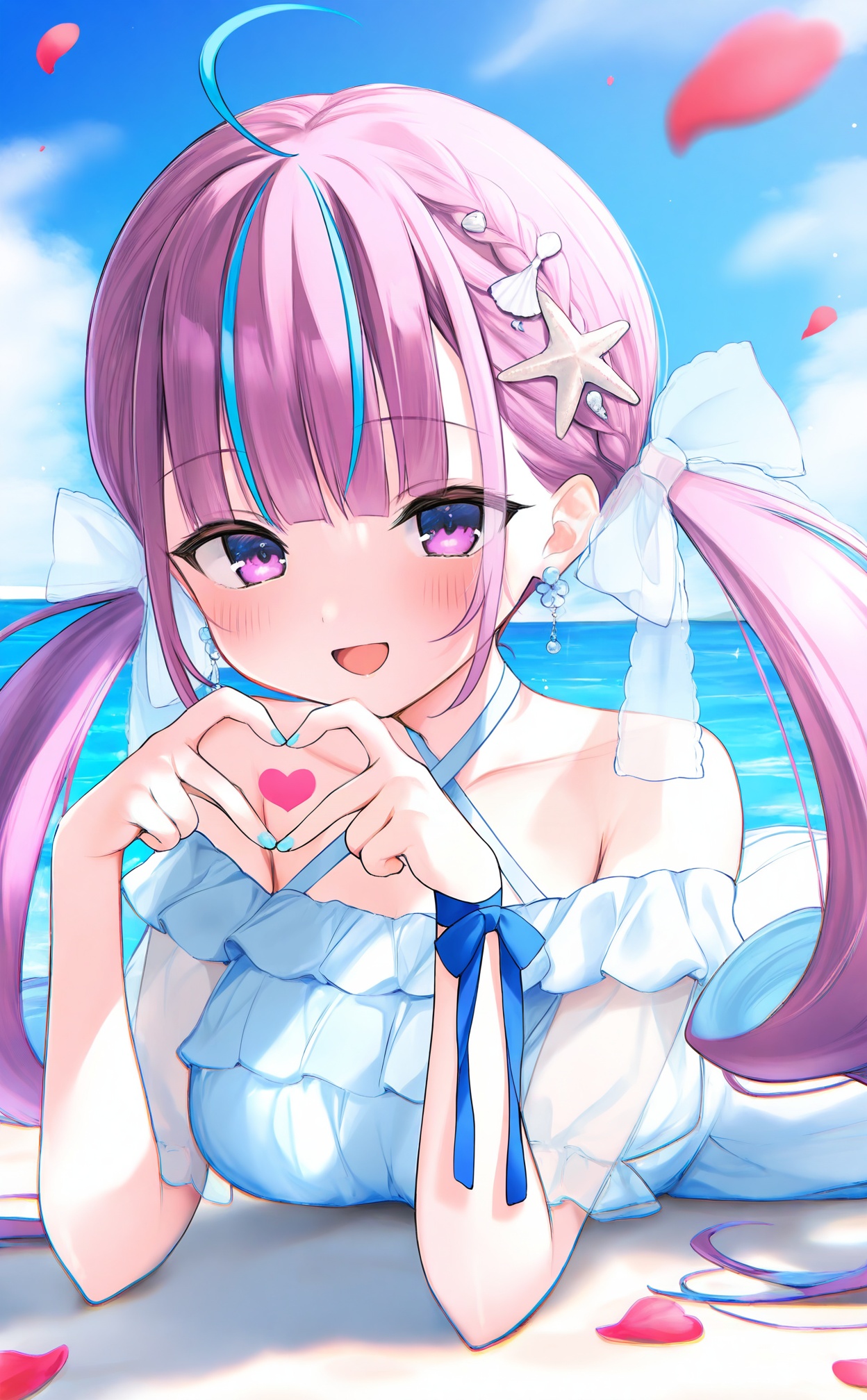 masterpiece,highres,absurdres,newest,best quality,loli,petite,high quality,chromatic_aberration,shiny_skin,//,1girl, virtual_youtuber, heart_hands, minato_aqua, multicolored_hair, solo, long_hair, heart, dress, two-tone_hair, ahoge, looking_at_viewer, twintails, blue_hair, blush, smile, bow, colored_inner_hair, purple_eyes, earrings, blue_nails, open_mouth, streaked_hair, jewelry, lying, petals, on_stomach, purple_hair, ocean, hair_bow, braid, bare_shoulders, frilled_dress, nail_polish, sky, short_sleeves, blunt_bangs, day, frills, white_bow, halterneck, off-shoulder_dress, collarbone, shell_hair_ornament, blue_sky, starfish_hair_ornament, outdoors, see-through, drill_hair, off_shoulder, beach, hair_ornament, alternate_costume, ribbon, wrist_ribbon, twin_drills, cloud, blue_dress, white_dress, see-through_sleeves, blue_bow, :d, breasts, blue_ribbon//,<lora:nekoyashiki_pushio——【noob】hans:1>,