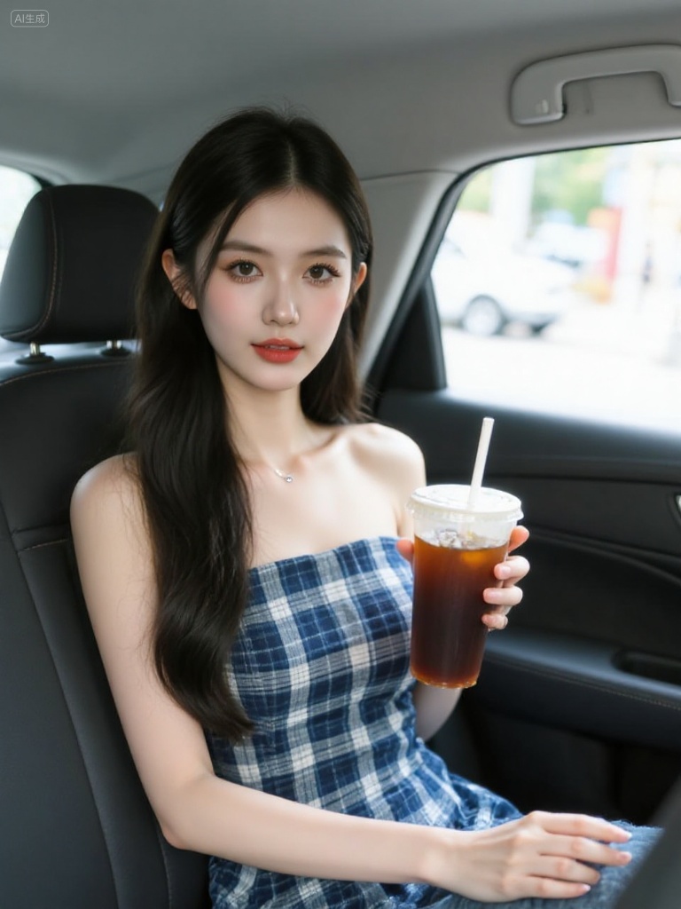 photograph of an east asian woman with long, straight black hair and fair skin, sitting in the drivers seat of a car, she wears a blue and white plaid strapless dress and holds a large iced coffee with a white straw in her right hand, she has a small nose ring in her left nostril and light makeup with red lipstick, the car interior is dark gray, with a visible window showing a bright, blurred outdoor scene, her expression is neutral, and she is slightly leaning back with her left arm resting on the door, the image has a soft, natural light, Steps: 28, Sampler: Euler, CFG scale: 4.0, Seed: 1121114249, Size: 768x1024, Model hash: 0734f0ab2ac6ee5eb9b9dd78fe8bae3a6ef8278135a482073ae31c17ea238747, Model: flux1-dev.sft, Denoising strength: 0, RNG: CPU, Lora 1: 20.safetensors, Lora Hash 1: 7622b1b523f93ebdd915a0d56777a54b18a61a8a2971b053e8459775a39910e2, Lora Weight 1: 0.8, vae_name: automatic