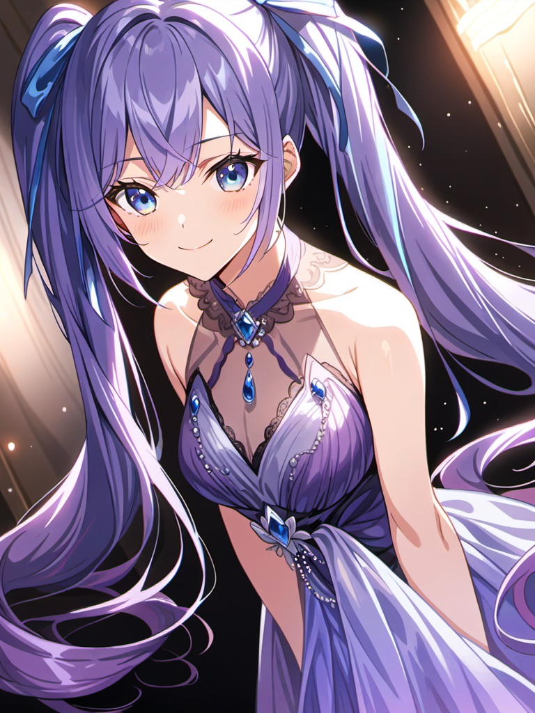 <lora:xiangwan-asoul-a3d:0.5>,ray tracing,very aesthetic,aesthetic,amazing quality,best quality,hight,hight quality,masterpiece,highres BREAK1girl,solo,long hair,purple hair,very long hair,blue eyes,blue bow,purple evening gown,sleeveless,multicolored hair,smile,blue hair,blue hair bow,grey hair ribbon,twintails,