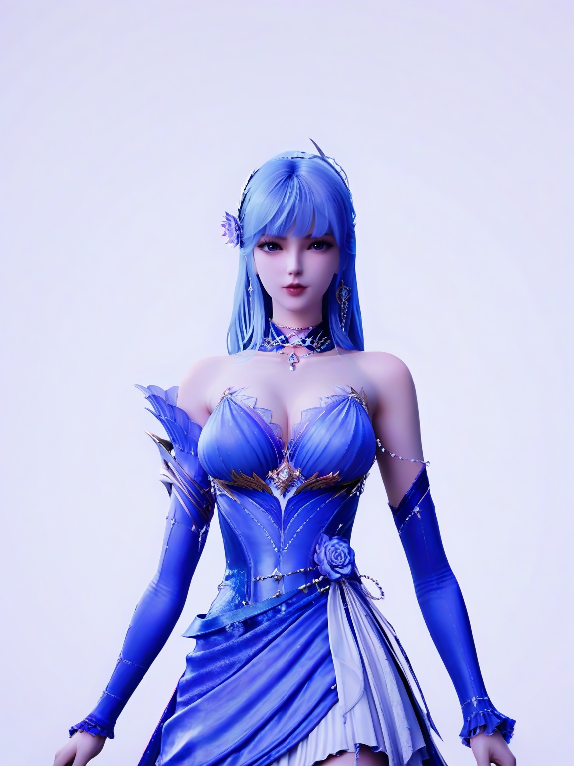 score_9,1girl,solo,bare shoulders,blue hair,breasts,detached sleeves,bangs,lipstick, eyelashes, large breasts,blue dress,standing,long hair,looking at viewer,white background,simple background,cowboy_shot,<lora:SF_ShengCaiErThirdClothesPony_Realism2.3-000004:0.7>,