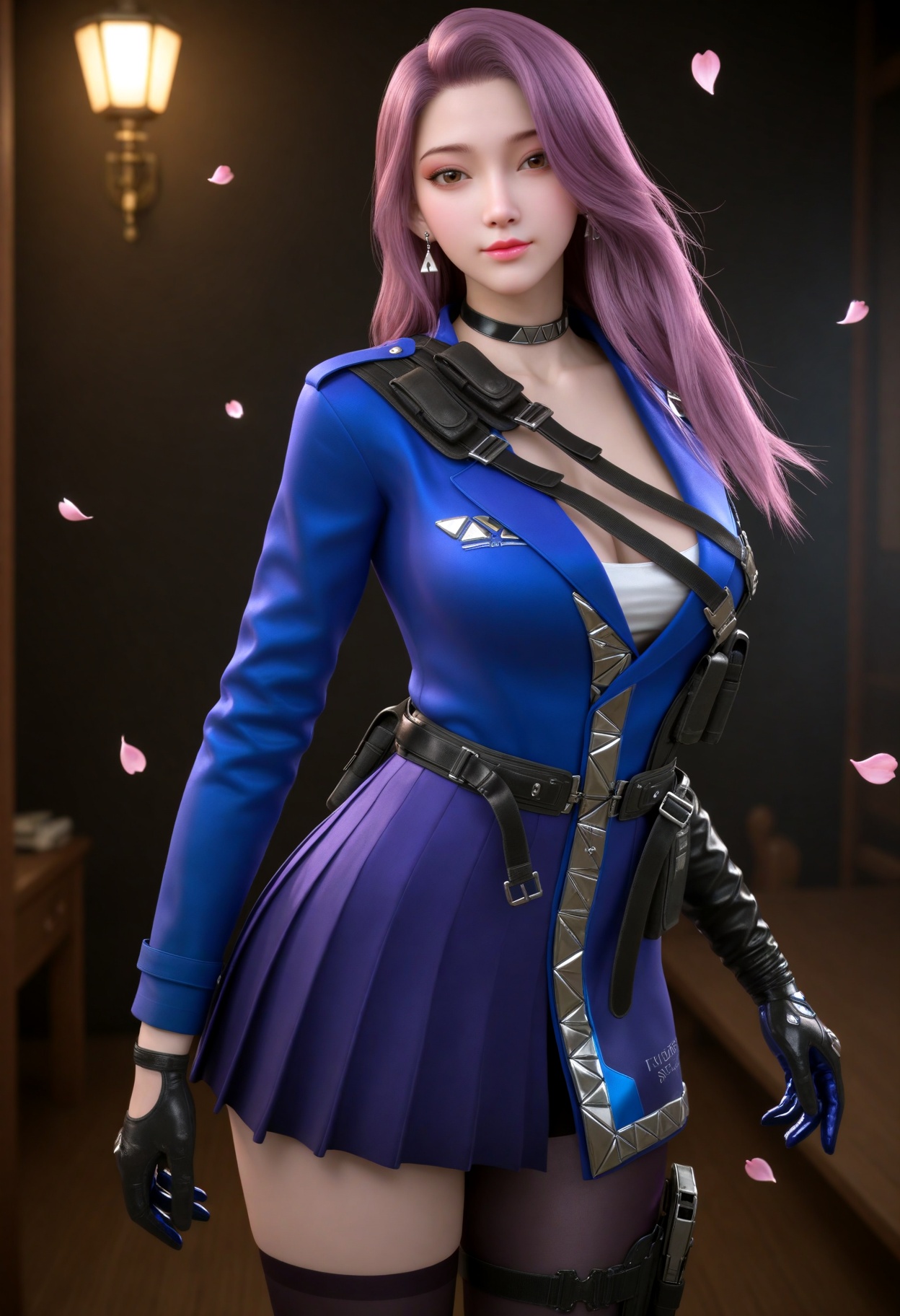 (cowboy shot:1.2),(gigantic breasts:0.6),(slender:1.3),(looking_at_viewer:1.1),(masterpiece:1.1),(best quality:1.2),(intricate details),dim lighting,(smog:1.3),(Dark room:1.3),(dim lighting:1.3),peach blossom,falling petals,<lora:YQ_Illustrious光辉v5_云悠悠保卫者_V1:0.8>,solo,long hair,gloves,pink hair,choker,belt,black gloves,jewelry,earrings,brown eyes,thighhighs,jacket,skirt,holster,blue jacket,purple hair,single thighhigh,asymmetrical legwear,black choker,pantyhose,cleavage,black thighhighs,dress,high heels,strap,thigh strap,thigh holster,pouch,uneven legwear,elbow gloves,masterpiece,(best quality),(intricate details:0.9) BREAK masterpiece,(best quality),(intricate details:0.9),(realistic skin:1.2),