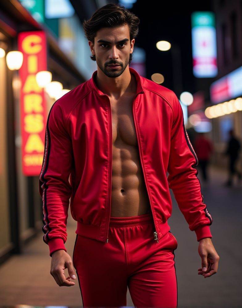 Ferran Torres ,  realistic photo in a worn ((skin-revealing skimpy erotic red tracksuit. massive pecs)). big pecs. big arm...