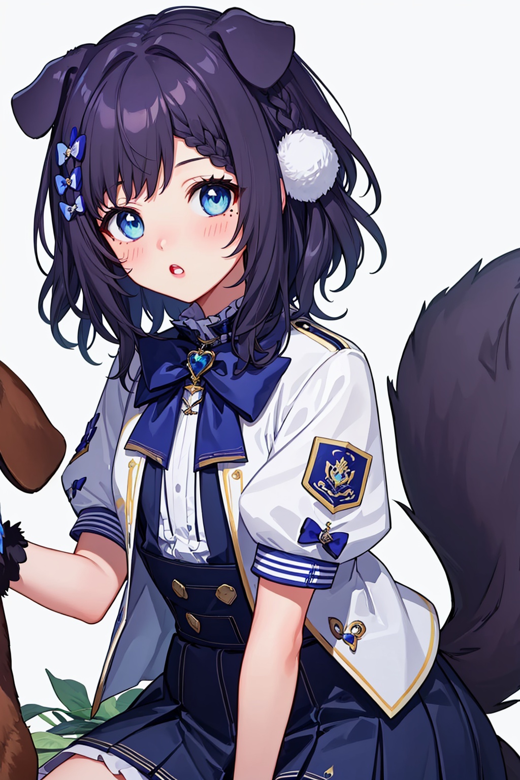 masterpiece,best quality, highly detailed, aiba uiha,1girl, virtual youtuber, solo, puffy short sleeves, hair bow, white jacket, white background, blue bow, dog tail, braid, blush, white shirt, mole under eye, looking at viewer, striped bow, simple background, blue skirt, :o, dog girl, blue flower, gloves, parted lips,<lora:aiba_uiha:1>