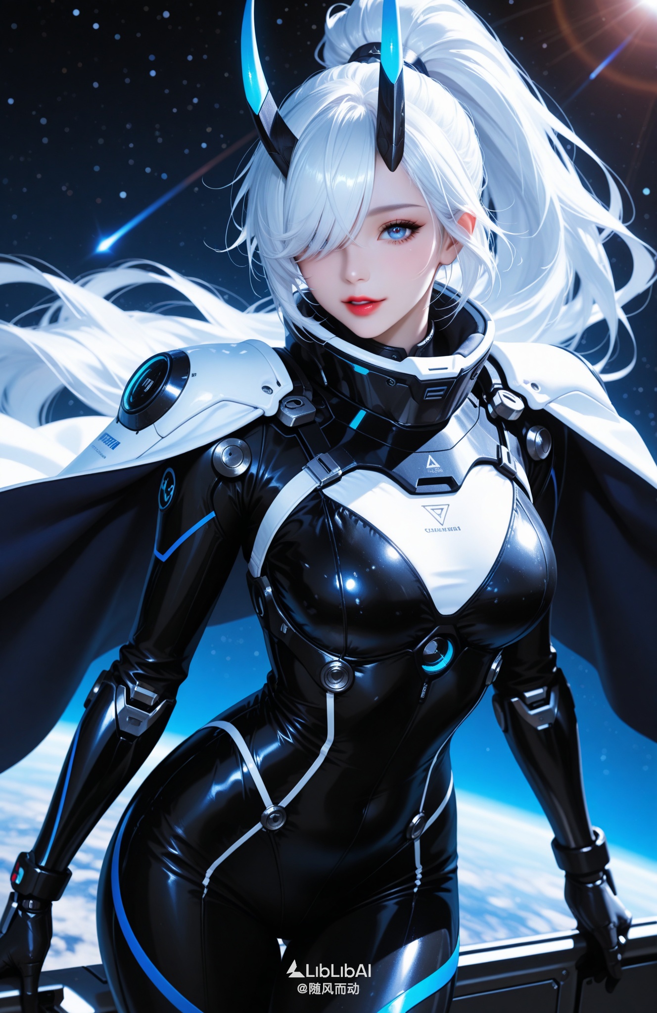 masterpiece,best quality,amazing quality,very awa,very aesthetic,absurdres,highres,high detail,detailed background,dynamic pose,skindentation,ultra-detailed,beautiful face,beautiful eyes,depth of field,, 1girl,solo,long hair,very_long_hair,eyelashes,light smile,(alternate costume:1.3),red lips,parted lips,looking at viewer,, wide shot,high ponytail,hair over one eye,white hair,demon horns,cape,space bodysuit,mechanical arms at sides,intricate patterns,(universe backround),volumetric lighting,(geometric accents:1.2),foreshortening,abrstact background,, Negative prompt: mutated hands,malformed hands,poorly drawn hands,too many fingers,fused fingers,missing fingers,worst quality,low quality,worst aesthetic,normal quality,bad quality,lowres,jpeg,bad anatomy,bad hands,signature,watermarks,ugly,disfigured,extra limb,missing limbs,extra legs and arms,,nsfw, Steps: 28, Sampler: Euler a, CFG scale: 6.0, Seed: 3543360970, Size: 832x1280, Model hash: d5e03c85ef, Model: windmix_ill2.5d_v2.0.safetensors, Denoising strength: 0.35, RNG: CPU, vae_name: automatic, Hires resize: 1331x2048, Hires steps: 9, Hires upscaler: 4x-UltraSharp