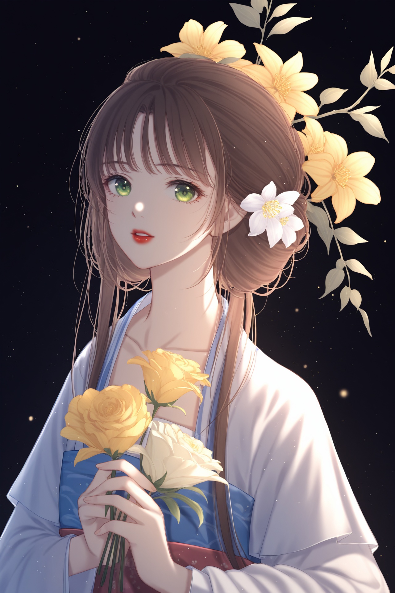 hanfu,1girl, flower, solo, long hair, holding, hair ornament, upper body, brown hair, looking at viewer, green eyes, black background, parted lips, holding flower, long sleeves, red lips, light particles, hair flower, collarbone, yellow flower, bouquet, lips, dress,<lora:hansxl-gufeng:1>,