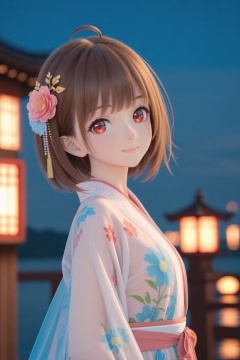 (masterpiece),(best quality),illustration,ultra detailed,hdr,Depth of field,(colorful),mmd,night,1girl,solo,red eyes,looking at viewer,hair ornament,short hair,upper body,brown hair,blurry,ahoge,bangs,see-through,depth of field,hanfu,smile,floral print,closed mouth,