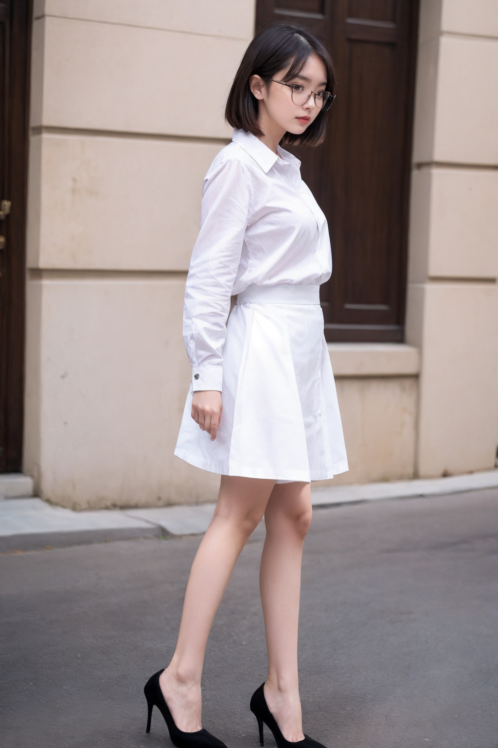 1girl, solo, white shirt, upper body, glasses, (from side), skirt, high heel shoes