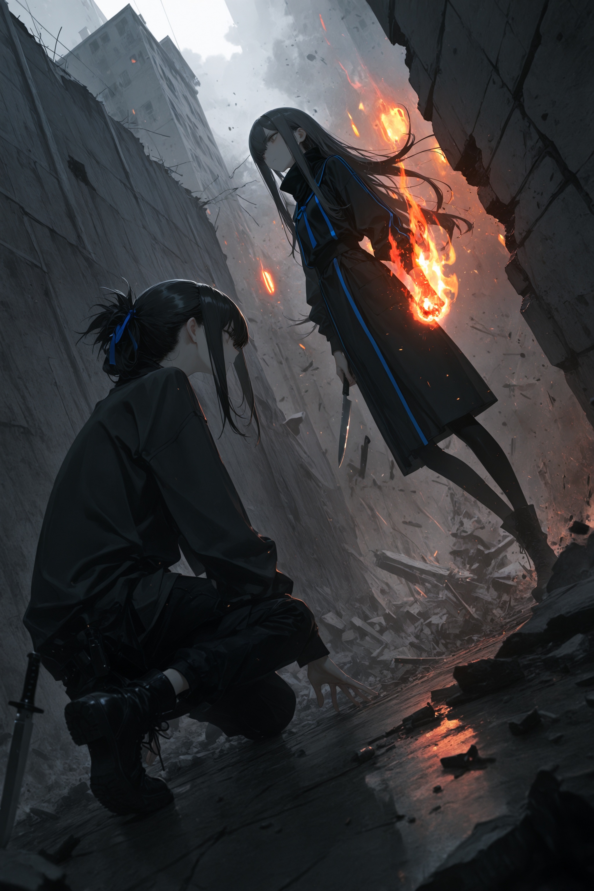 masterpiece,dutch angle,scenery,(dino_(dinoartforame):0.5),(yoneyama mai:0.5),1girl,gray_\(fate\),kikuyarou,battle,broken wall,knife light,eyes flame,fu_r_y,