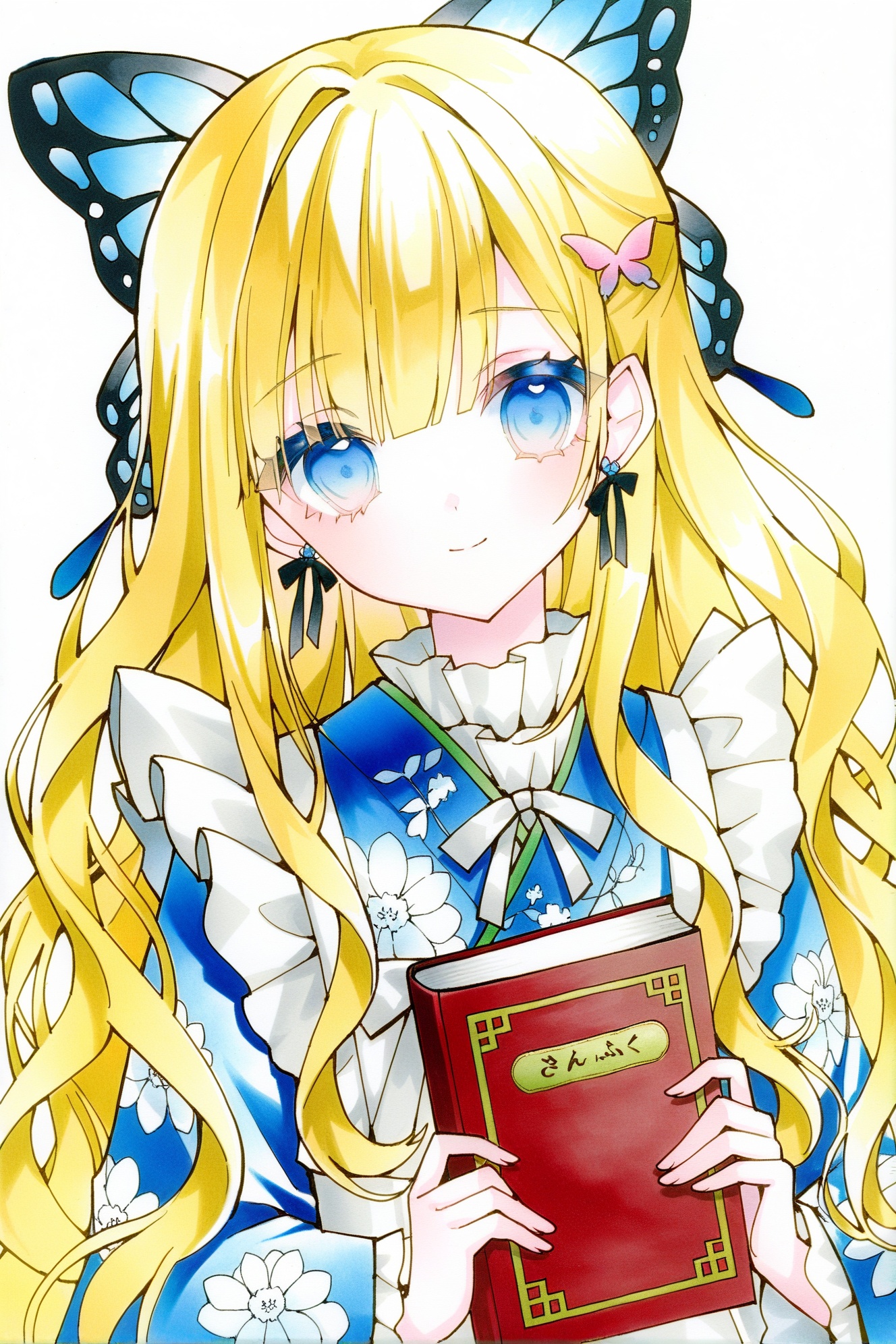 1girl,solo,book,blue eyes,holding,long hair,white background,earrings,holding book,jewelry,looking at viewer,smile,kimono,simple background,frills,upper body,traditional media,japanese clothes,hair ornament,closed mouth,floral print,long sleeves,bow,apron,butterfly hair ornament,butterfly print,blonde hair,wavy hair,hair bow,