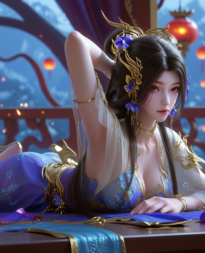 (oriental architecture, elegant decor, sophisticated style:1.1),(Lying, on stomach, arms above her head,:1.1),(Diagonally from the front, giving a three-quarter perspective:1.1),(large breasts:1.2),<lora:XL16云深不知梦羲和第19集揽月湖:0.95>,miss xihe,white crop top,violet and blue tiered dress,brown eyes,black hair,long hair,draped looped buns,hair ornament,jewelry,earrings,bracelet,lantern,, score_9,score_8_up,score_7_up,score_6_up,score_5_up,score_4_up,3d rendering,tag1,tag2, Cinematic Lighting,backlighting,