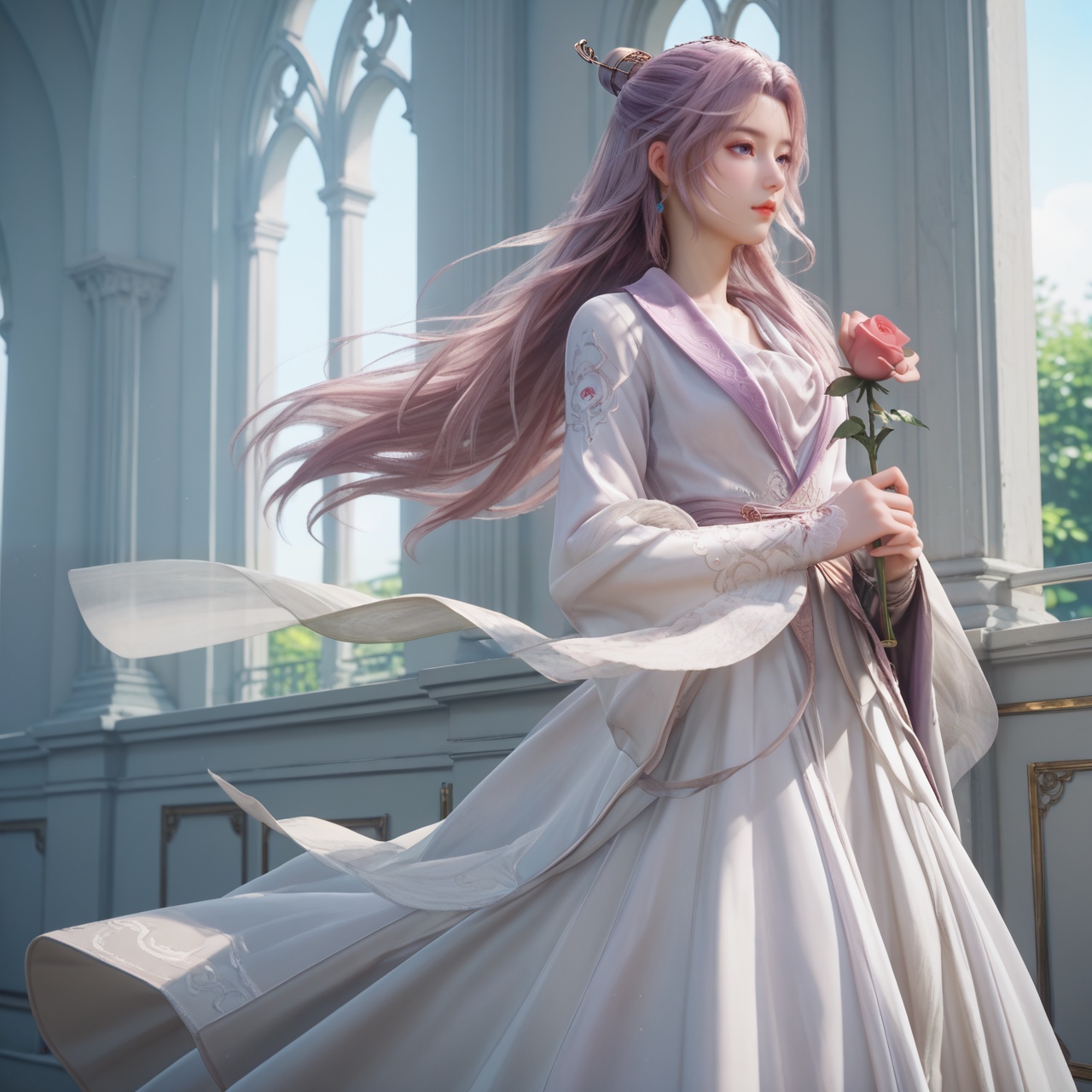 score_9,score_8_up,score_7_up,score_6_up,best quality,detailed clothes,masterpiece,8k,simple background,sfw,rim light,perfect hands,<lora:云霄-师兄啊师兄-pony:0.8>,yunxiao,1girl,dress,solo,hair ornament,long sleeves,wind,wind lift,indoors,((holding red rose)),in white palace,