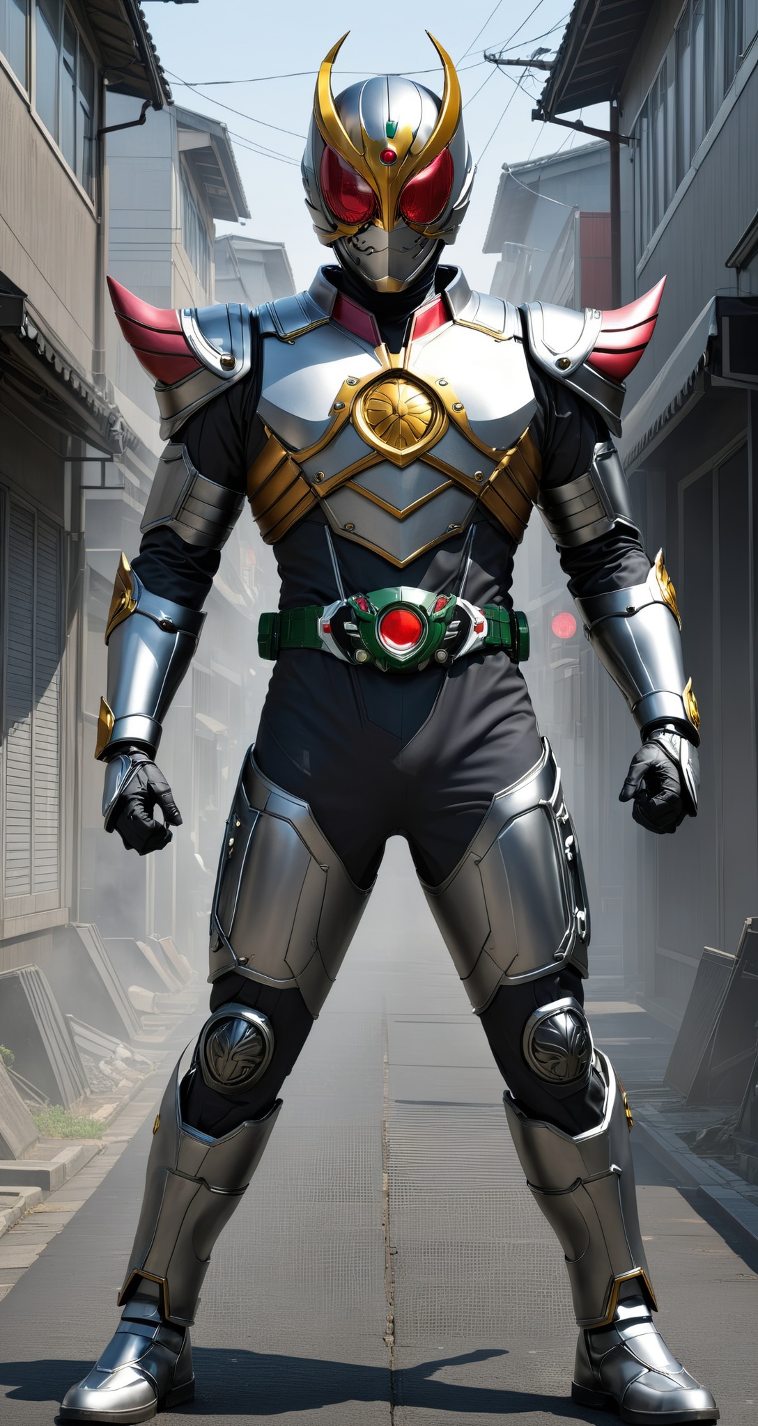 Kamen rider style,  the masquerade guardian of the will of steel,  wearing a steel suit and a mask of perseverance on Tens...