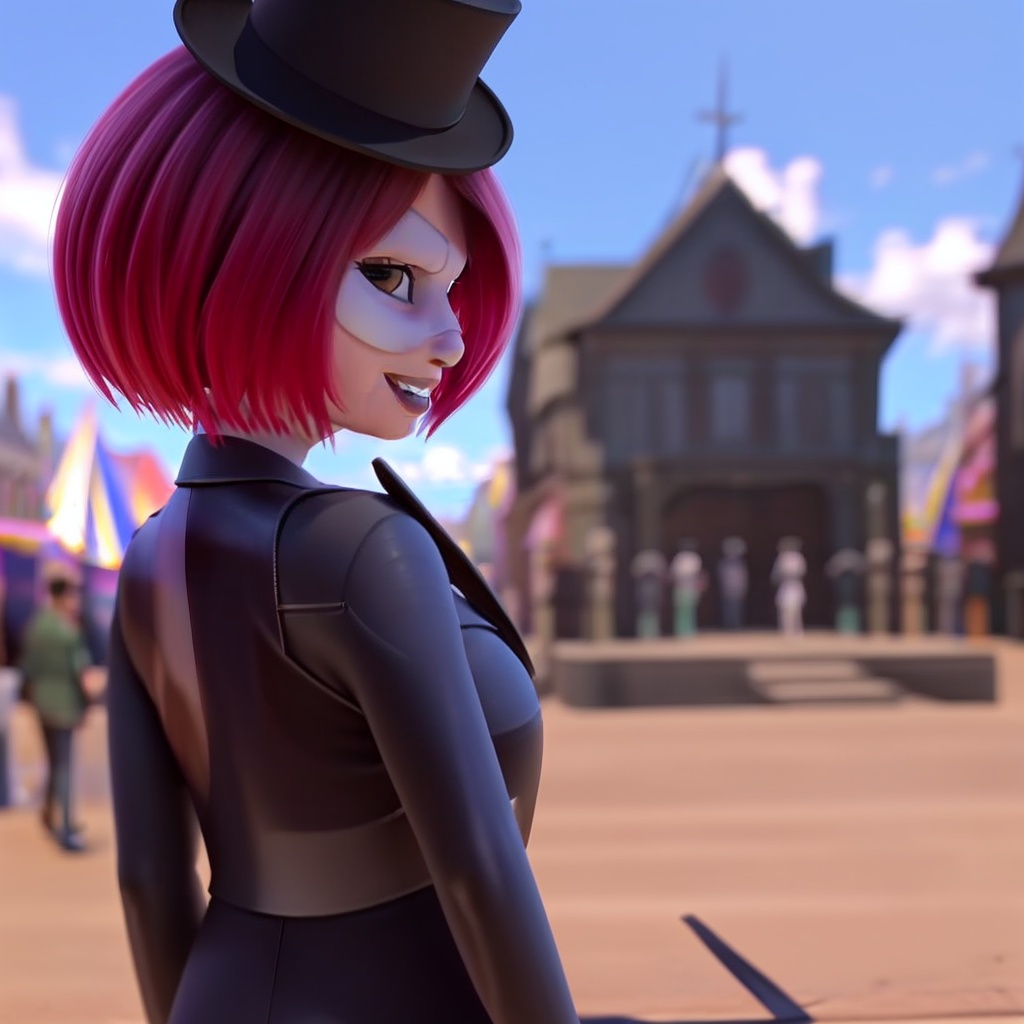 qijimiss(IP), kwamiss, 3D rendering, European and American cartoon style, kwamiss looks back, arms out0.8etched, body turned away from the audience, solo, smile, side face, looking at the audience, sky<lora:kwamiss v1-000008:0.8>