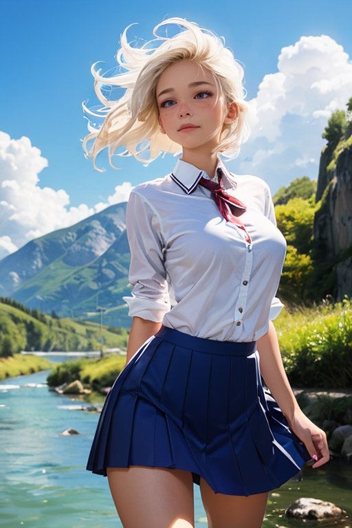 masterpiece,best quality,hyper quality,high detail,outdoors, nature, mountain, blue sky, river,horizon,(wind:1.2),(shirt floating:1.2),floating hair, photoshop \(medium\), 1girl,****,school uniform,extra micro skirt,white hair,hi-top fade,eyebrows hidden by hair,short tops,underboob, Fashion,shiny skin,shaded face,elegant,Jewelry,soft light, streaked hair, professional lighting,model,soothing tone,high cotrast,rich,a passing glimpse of a woman's naked body,
