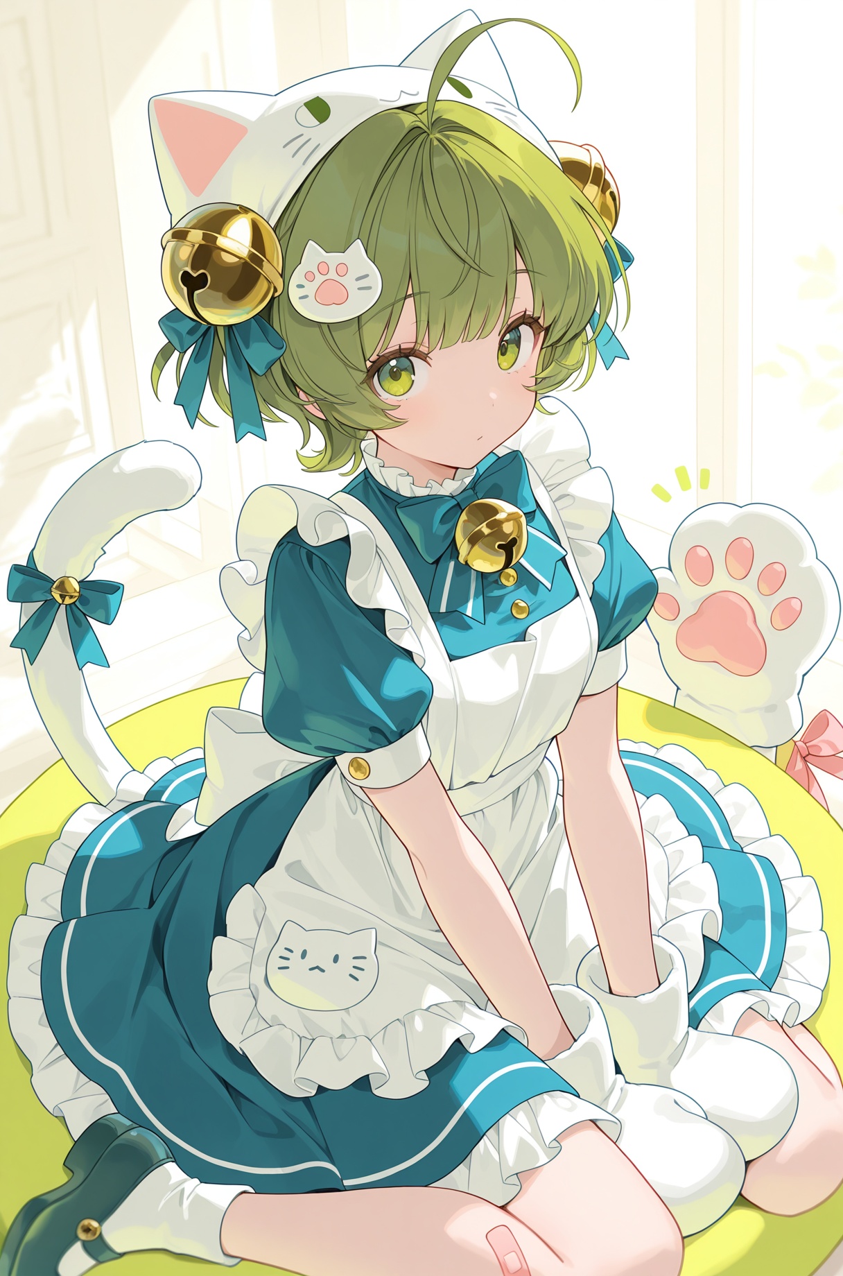 20,1girl, bell, animal hat, blue dress, jingle bell, green hair, cat hat, hair bell, hat, dress, green eyes, animal hands, apron, short sleeves, gloves, paw gloves, solo, hair ornament, looking at viewer, short hair, white apron, white mittens, puffy short sleeves, puffy sleeves, ahoge, frills, tail, frilled dress, ribbon, animal ears, mittens, blue ribbon, maid apron, bandaid, sitting, cat ears, shoes, cat tail, tail ornament, bow