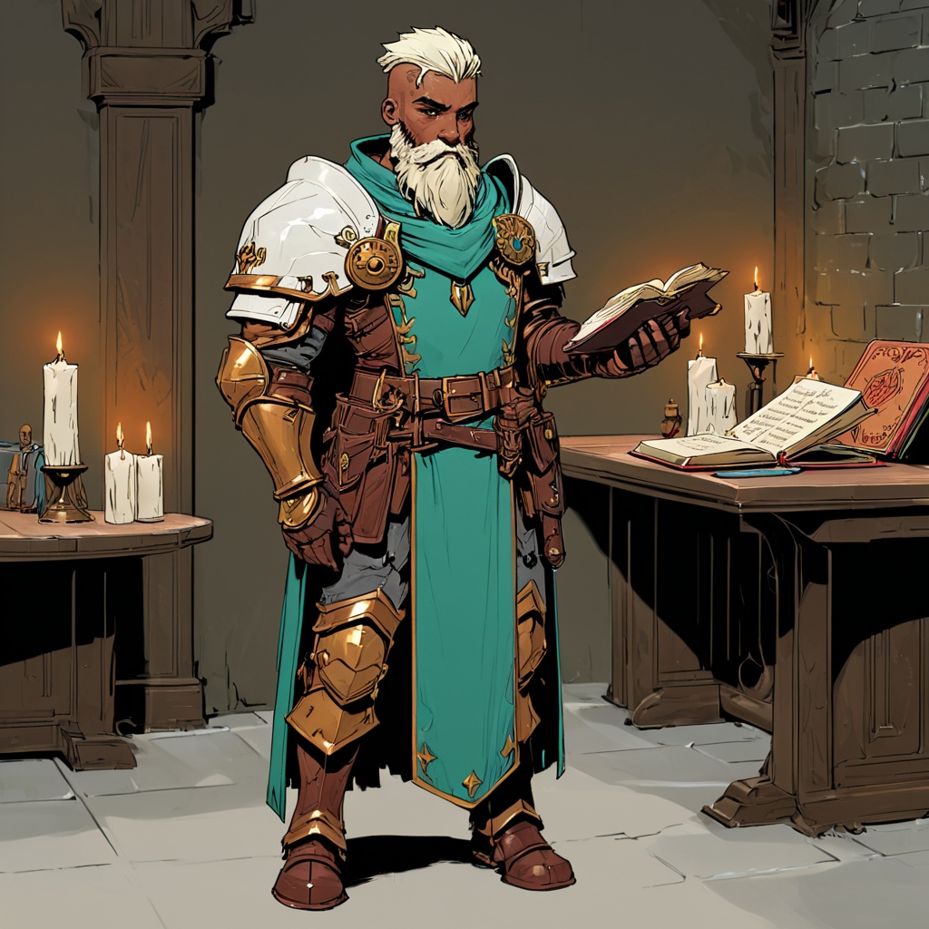 D&D Painterly,  The image shows a man in armor holding a hammer in one hand and a book in the other standing in front of a...