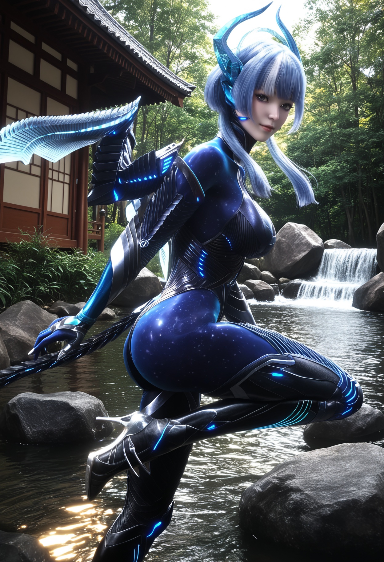 masterpiece,best quality,amazing quality,high resolution,ultra-detailed,absurdres,(looking at viewer:1.1),(moody lighting:1.1),forest,east_asian_architecture,stream BREAK large breasts,huge ass,narrow waist,wide hips,babata,1girl,solo,blue hair,short hair,horns,bodysuit,blue eyes,wings,blue skin,blunt bangs,tail,short hair with long locks,sidelocks,grey hair,black eyes,armor,headgear,white hair,high heels BREAK photorealistic details,<lora:QQSillbabataV1:0.8>,