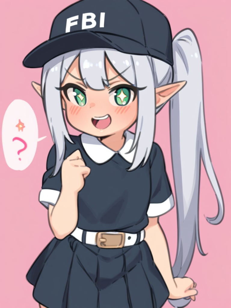 masterpiece, best quality, <lora:style578-a31-000020:1>,loli,1girl, solo, hat, skirt, shirt, pink background, smile, pleated skirt, green eyes, pointy ears, white shirt, collared shirt, baseball cap, short sleeves, open mouth, :d, simple background, black skirt, looking at viewer, bangs, blush, belt, v-shaped eyebrows, blue headwear, black headwear, upper teeth only, side ponytail, cowboy shot, teeth, long hair, grey hair, sidelocks, +_+, elf, speech bubble,text fbi on hat,fbi word on hat,